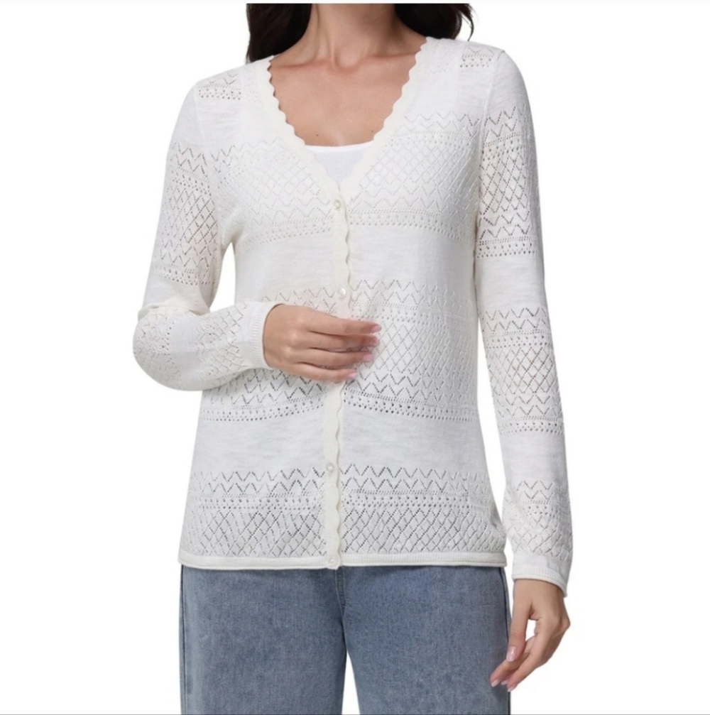 New Frye Women's Pointelle Ivory‎ eyelet Cardigan lightweight 100% cotton